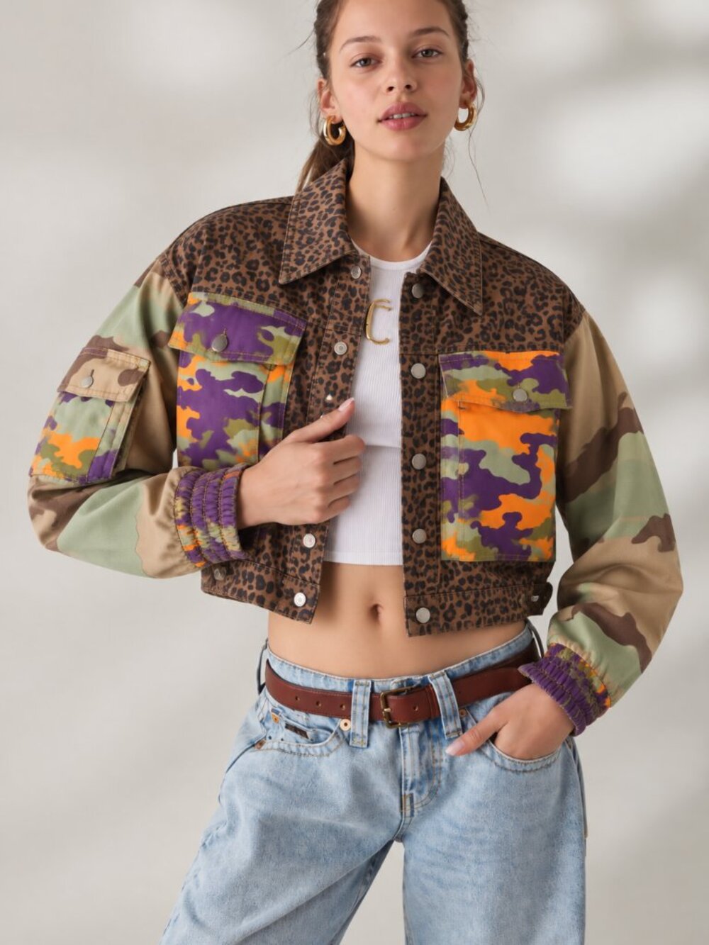 BDG Jenny Cropped Utility Jacket Camo Leopard Print Boxy Cotton XS